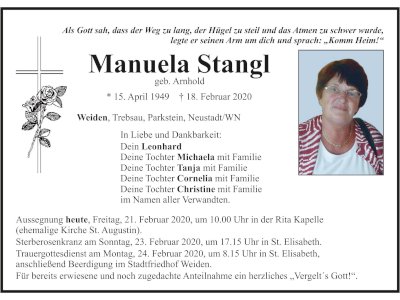 Traueranzeige Manuela Stangl, Weiden