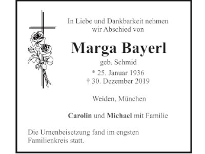 Traueranzeige Marga Bayerl, Weiden