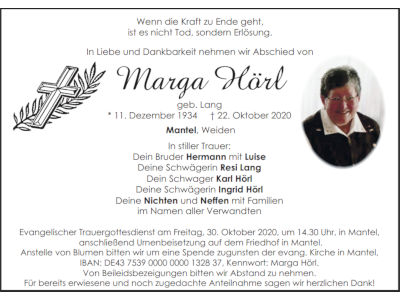 Traueranzeige Marga Hörl, Mantel