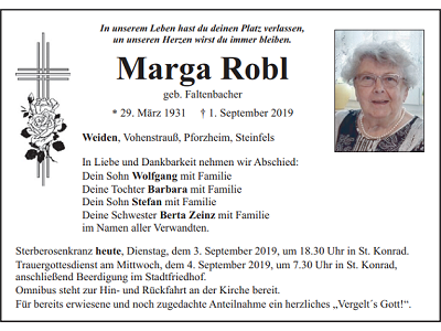 Traueranzeige Marga Robl, Weiden