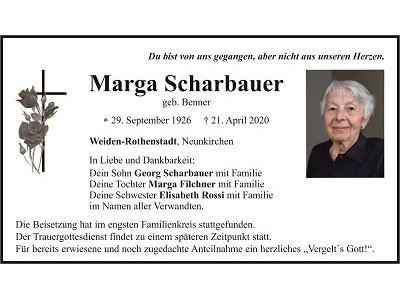 Traueranzeige Marga Scharbauer, Rothenstadt