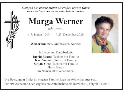 Traueranzeige Marga Werner, Weiherhammer