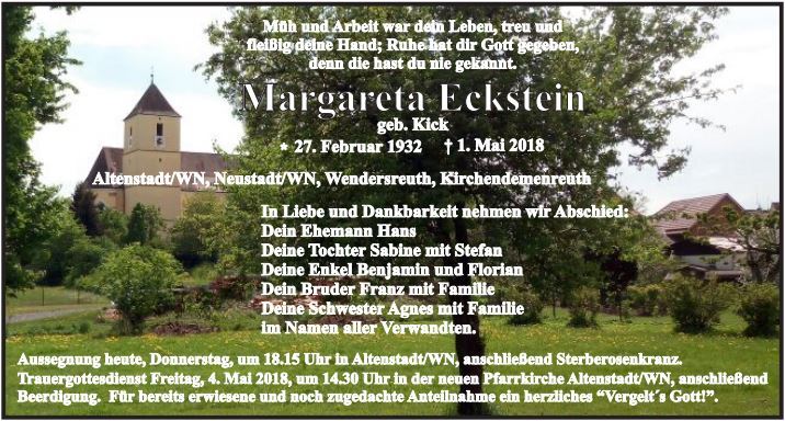 Traueranzeige Margareta Eckstein, Altenstadt/WN