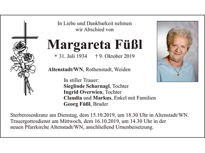 Traueranzeige Margareta Füßl, Altenstadt/WN
