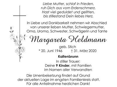 Traueranzeige Margareta Heldmann, Kaltenbrunn