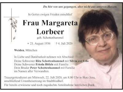 Traueranzeige Margareta Lorbeer, Weiden