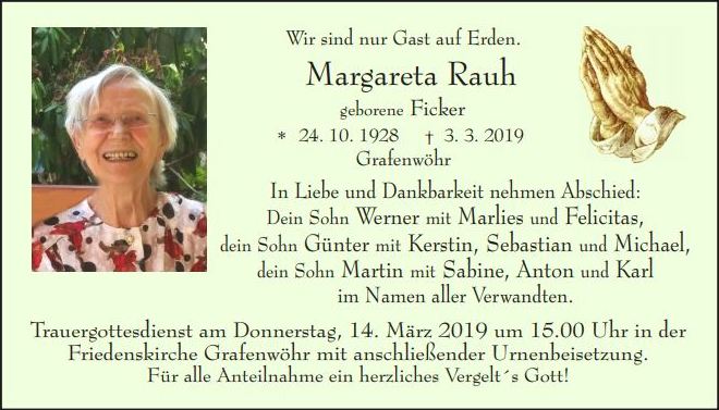 Traueranzeige Margareta Rauh, Grafenwöhr