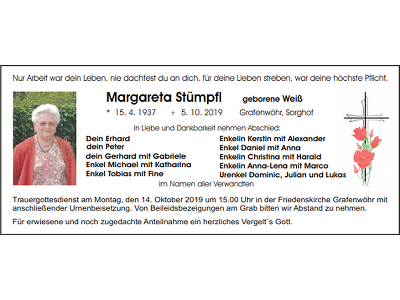 Traueranzeige Margareta Stümpfl, Grafenwöhr
