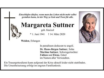 Traueranzeige Margareta Suttner, Weiden