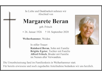 Traueranzeige Margarete Beran, Weiherhammer