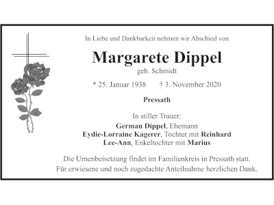 Traueranzeige Margarete Dippel, Pressath