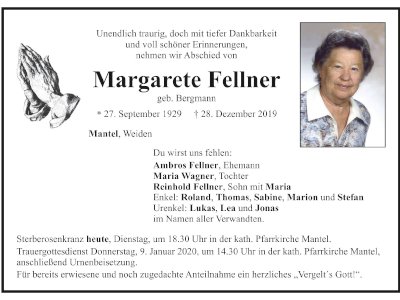 Traueranzeige Margarete Fellner, Mantel