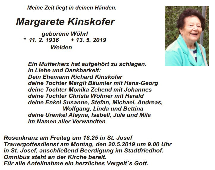 Traueranzeige Margarete Kinskofer, Weiden