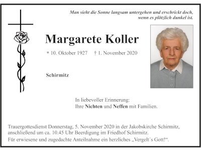 Traueranzeige Margarete Koller, Schirmitz