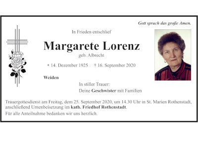Traueranzeige Margarete Lorenz, Weiden