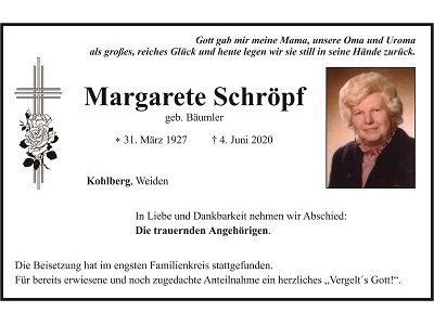 Traueranzeige Margarete Schröpf, Kohlberg