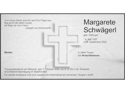 Traueranzeige Margarete Schwägerl, Weiden