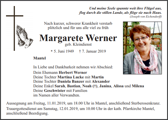 Traueranzeige Margarete Werner, Mantel