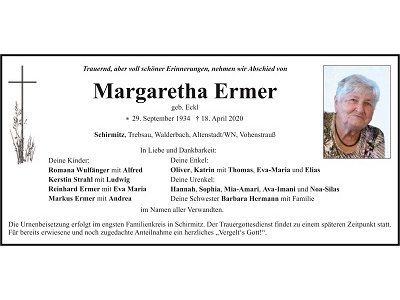 Traueranzeige Margaretha Ermer, Schirmitz