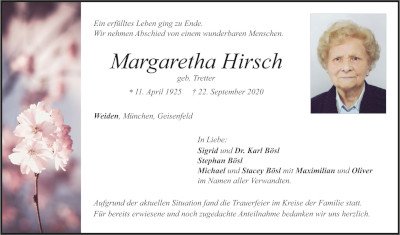 Traueranzeige Margaretha Hirsch, Weiden