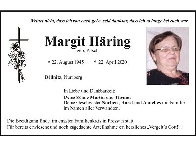 Traueranzeige Margit Häring, Döllnitz