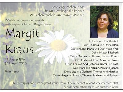 Traueranzeige Margit Kraus, Püllersreuth