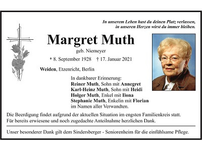 Traueranzeige Margret Muth, Weiden