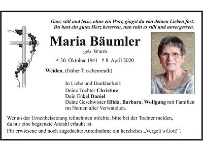 Traueranzeige Maria Bäumler, Weiden