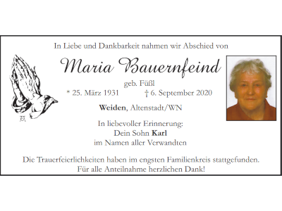 Traueranzeige Maria Bauernfeind, Weiden