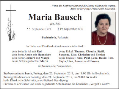 Traueranzeige Maria Bausch, Bechtsrieth