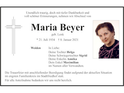 Traueranzeige Maria Beyer, Weiden