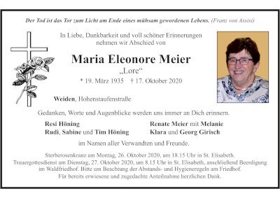 Traueranzeige Maria Eleonore Meier, Weiden