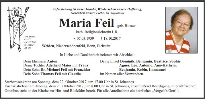 Traueranzeige Maria Feil, Weiden