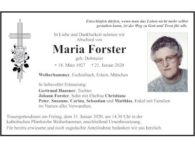 Traueranzeige Maria Forster, Weiherhammer