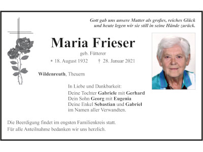 Traueranzeige Maria Frieser, Wildenreuth