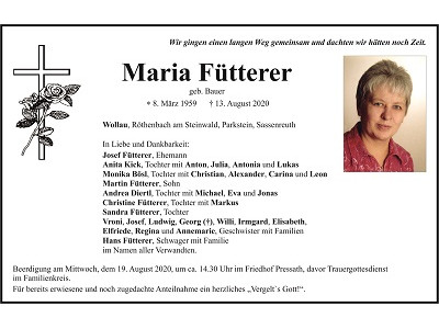 Traueranzeige Maria Fütterer, Wollau