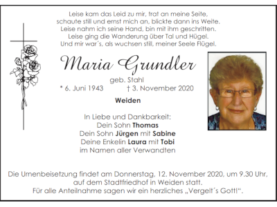 Traueranzeige Maria Grundler, Weiden