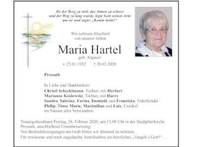 Traueranzeige Maria Hartel, Pressath