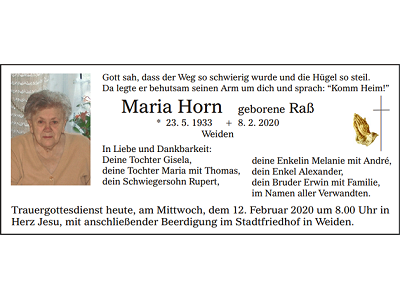 Traueranzeige Maria Horn, Weiden