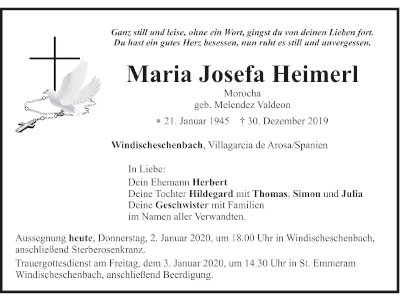 Traueranzeige Maria Josefa Heimerl, Windischeschenbach