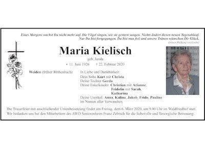 Traueranzeige Maria Kielisch, Weiden