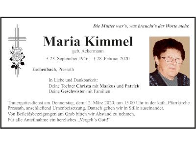 Traueranzeige Maria Kimmel, Eschenbach
