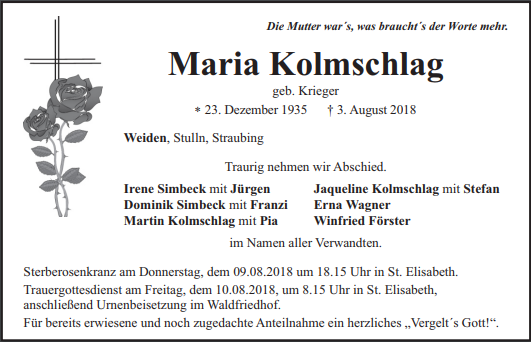 Traueranzeige Maria Kolmschlag, Weiden