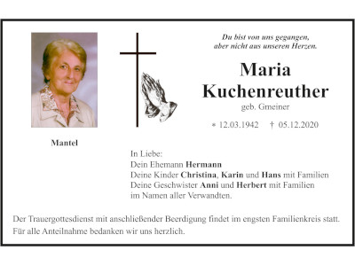 Traueranzeige Maria Kuchenreuther, Mantel