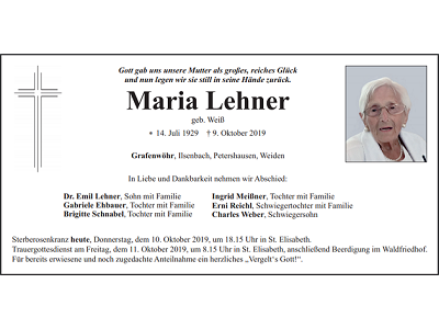 Traueranzeige Maria Lehner, Grafenwöhr