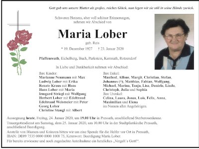 Traueranzeige Maria Lober, Pfaffenreuth