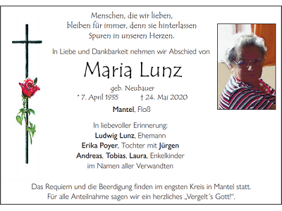 Traueranzeige Maria Lunz, Mantel