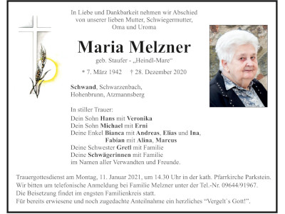 Traueranzeige Maria Melzner, Schwand