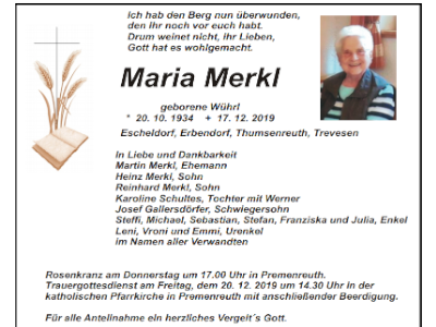 Traueranzeige Maria Merkl, Escheldorf