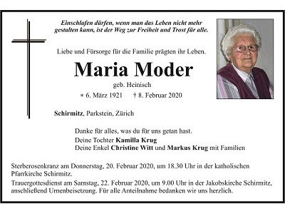Traueranzeige Maria Moder, Schirmitz
